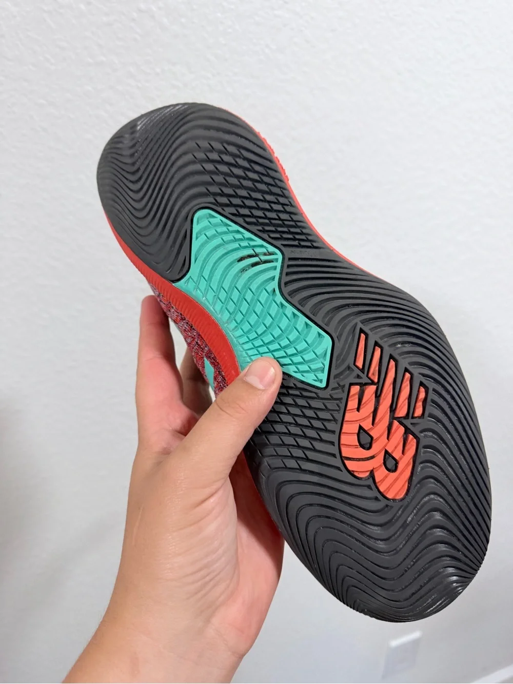New Balance Red Knit Sneaker with Teal Logo tennis shoes